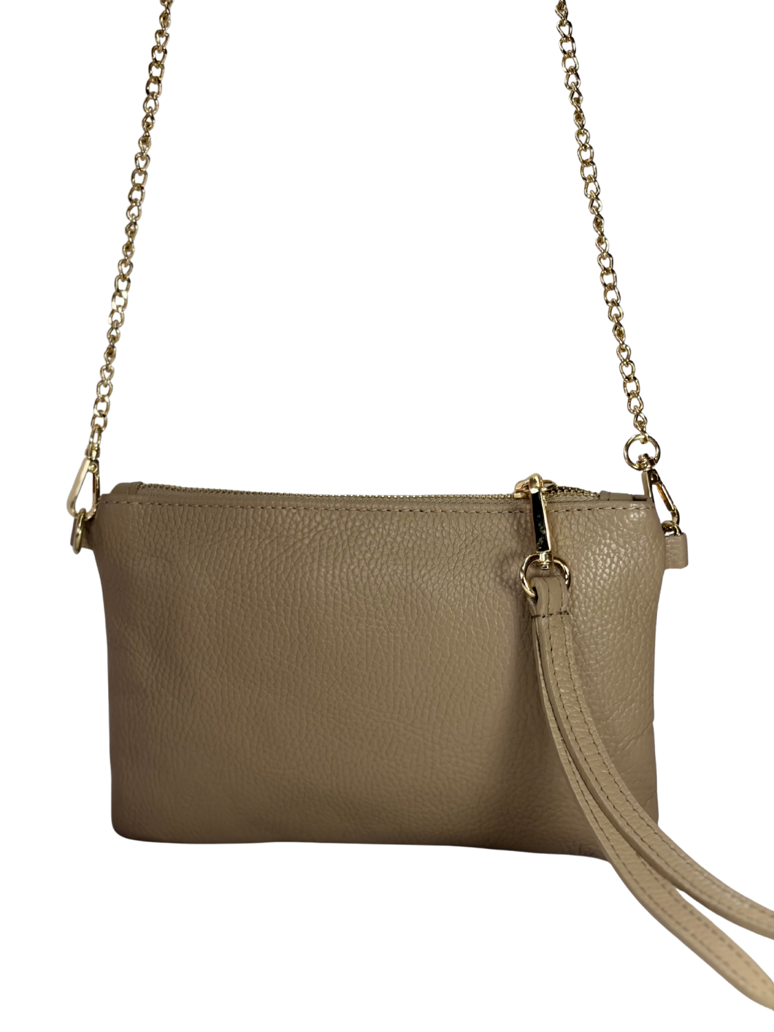 Clutch de Cuero Graneado - Taupe, bolso compacto de diseño elegante y funcional.