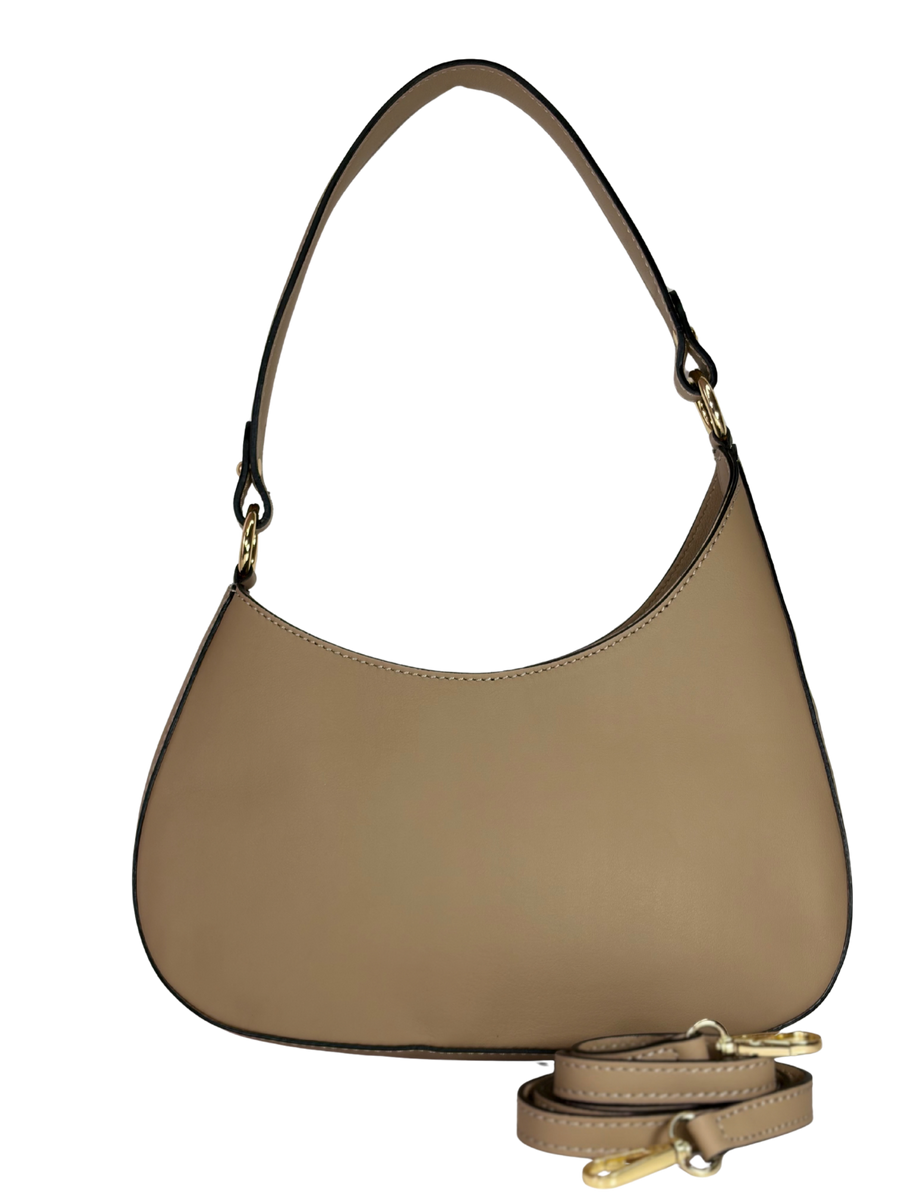 Cartera de Cuero Liso Hobo - Beige, diseño elegante de líneas suaves confeccionado en cuero genuino con acabado liso y tono neutro sofisticado.
