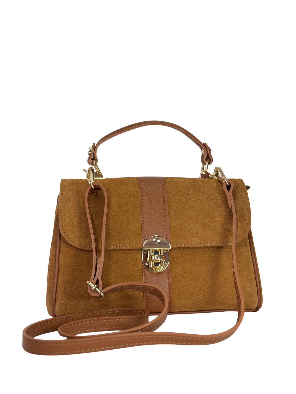 Cartera de Cuero Gamuza Milano - Marrón, modelo versátil con interior funcional y detalles metálicos sofisticados.