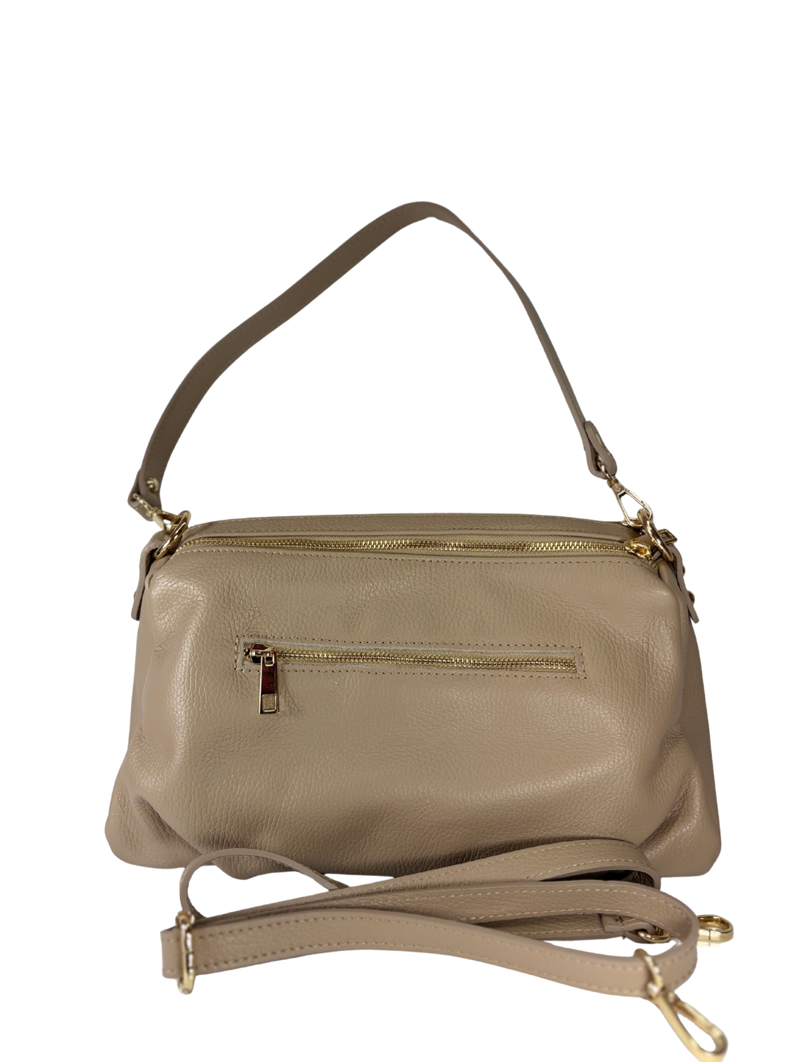 Cartera de Cuero Siena - Arena con bolsillo trasero con cierre y correa desmontable para mayor versatilidad.