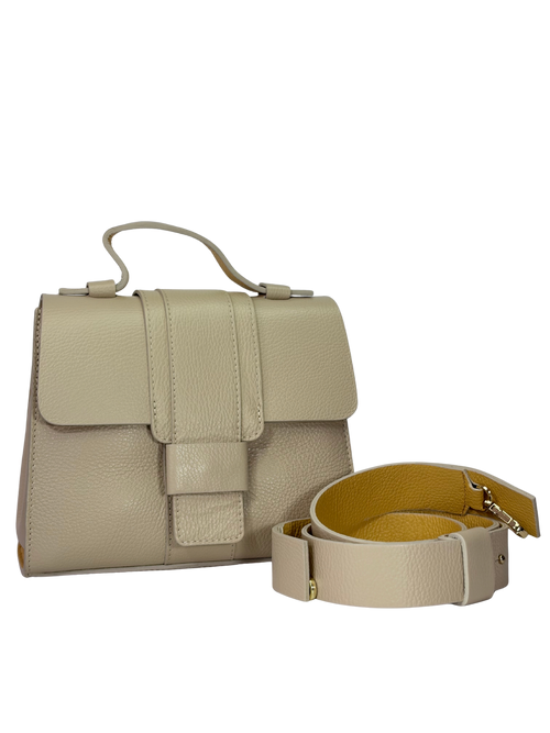 Cartera de Cuero Firenze - Crema en cuero genuino con diseño estructurado y tono luminoso elegante.