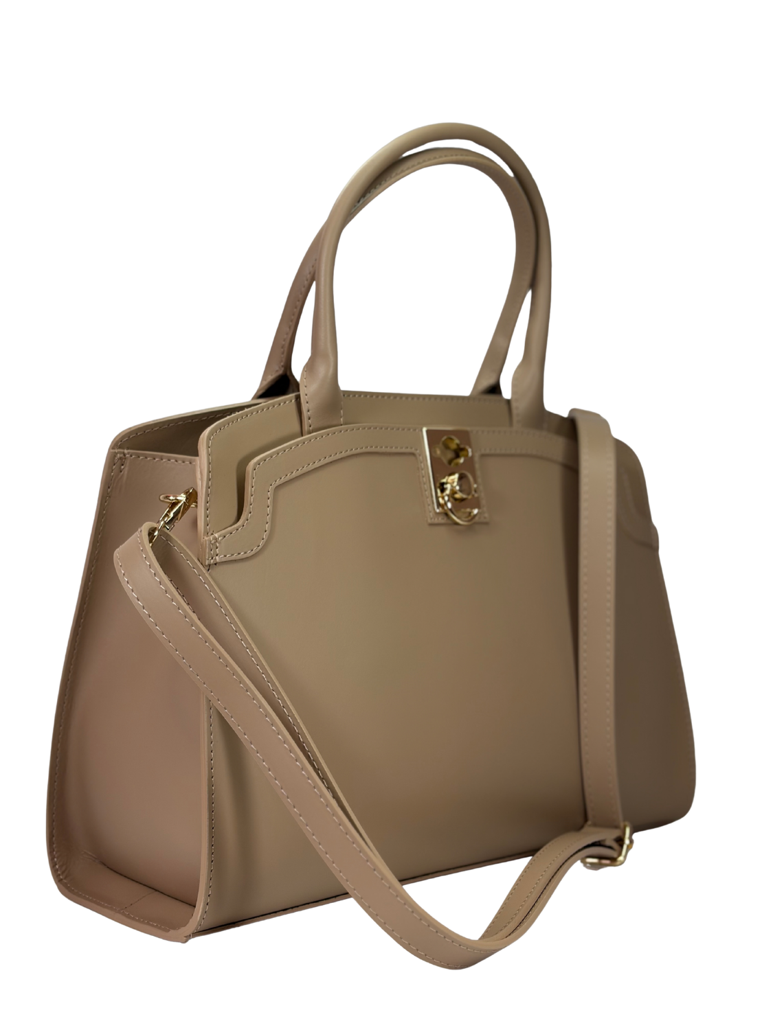 Cartera de Cuero Torino - Latte, bolso elegante de cuero genuino en color latte con detalles dorados.