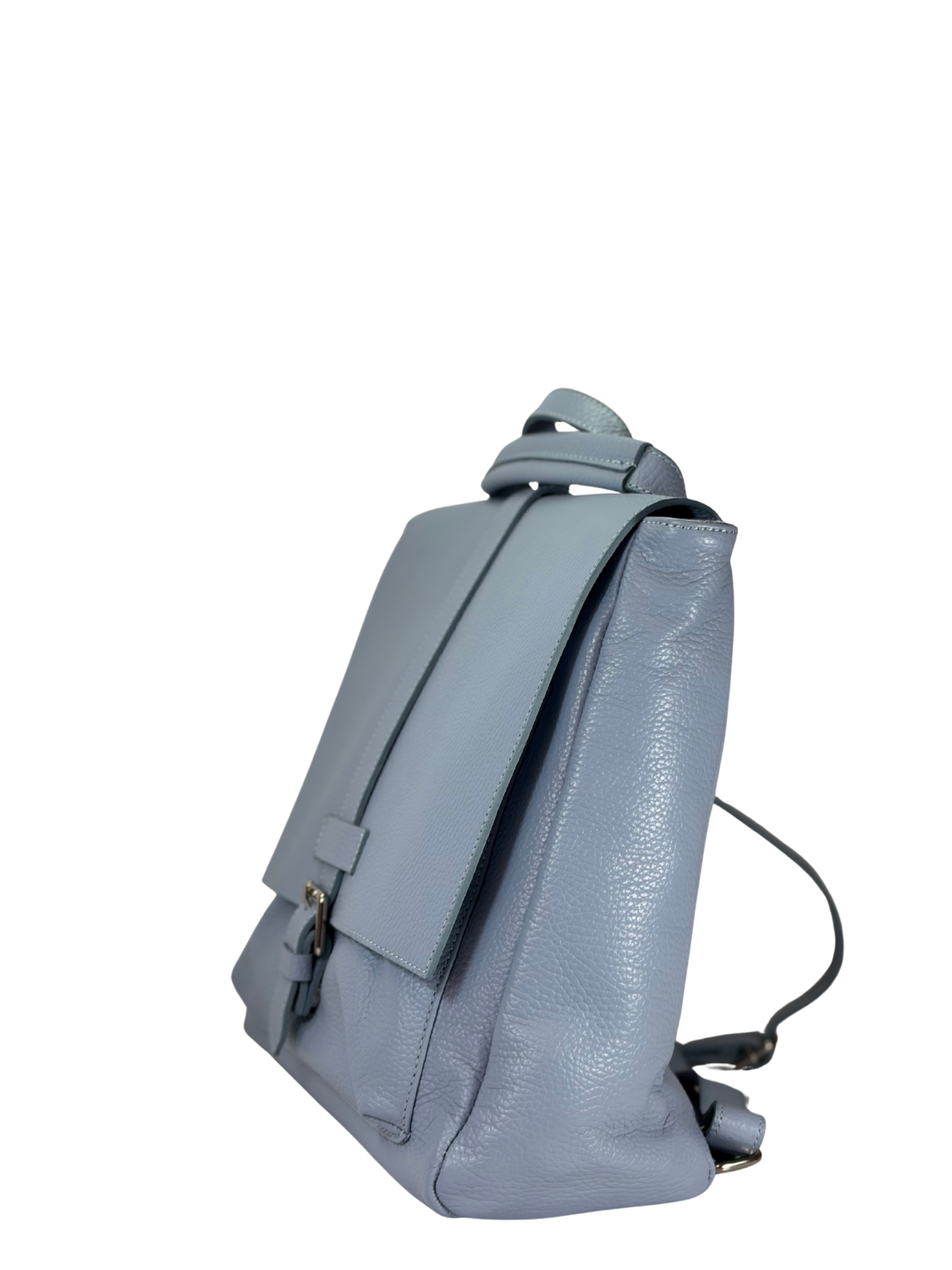 Mochila de Cuero Venezia - Celeste vista lateral, diseño elegante y práctico en color celeste.