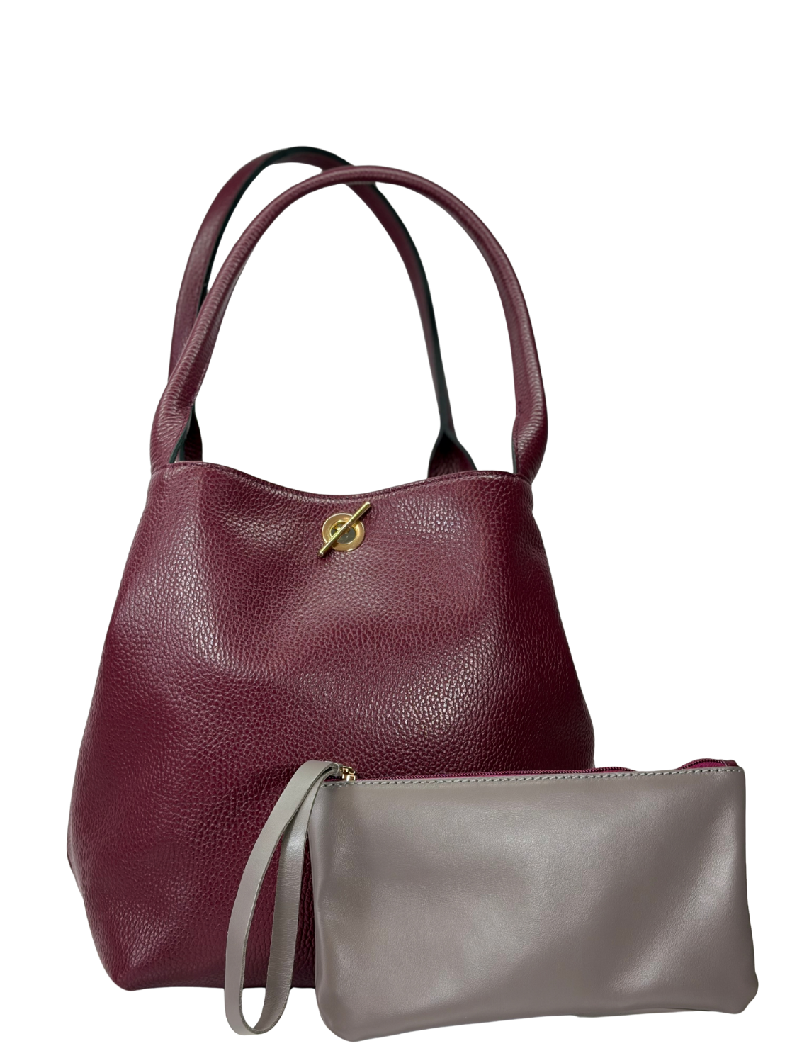 Cartera de Cuero Tote - Borgoña con pouch interior desmontable que aporta mayor organización y versatilidad.